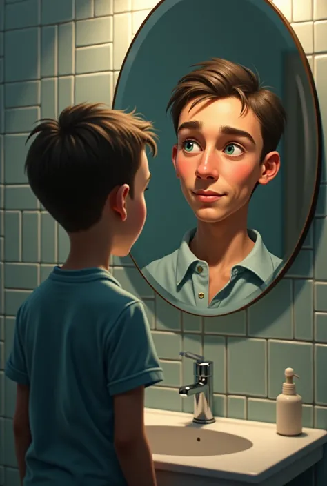  A young boy in a bathroom looking at the mirror and in the mirror is the same guy but older with quality tones