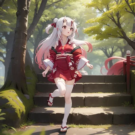 ((masterpiece,best quality)),outdoor, Red Torii, Tree,  stairs,, 2 girls, Shrine maiden,Shrine maiden, Looking at the audience, look back,, Red Legwear, red Ribbon, Black Hair,樱flower, sky, flower, Hair Bun, hair Ribbon, Japanese clothes, kimono, Long hair...