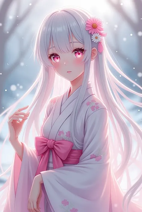 Female anime character, long white hair, pink eyes, snow white skin, long white kimono with a pink bow on the kimono