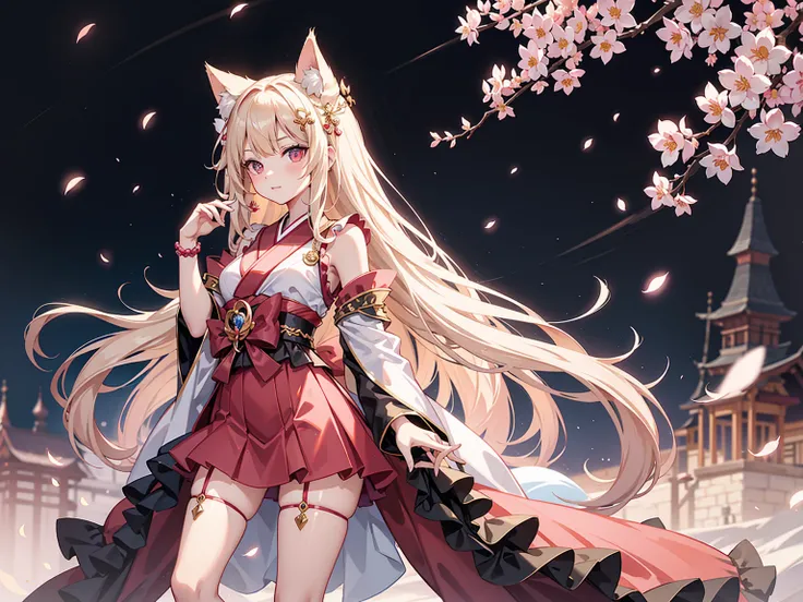 Cat-eared teenage girl，Cheerfulness，(Charmed:0.2)，Highest quality，masterpiece，The ultimate solution，fluffy，A perfect cherry blossom storm、Perfect body，Long straight brown hair，Jewel-like eyes，Polka dot based kimono，(Beautiful costumes)，Shrine maiden costum...