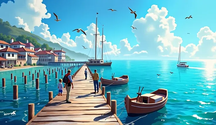 Pier of a rustic coastal town. View towards the sea. Some fishing boats and a yacht in the water. Clear and bright day. Cheerful and calm atmosphere.