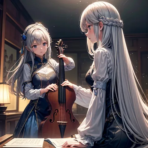 Two Girls, A girl is holding a piano, A girl is holding a lute, Gray Hair, Cyansia Fantasy, CG Social Popularity, Chinese Tower, Potential customers emerge, Hair is scattered, Motion Blur, Cinema Lighting, Blurred foreground, Motion Lines, Attention to det...