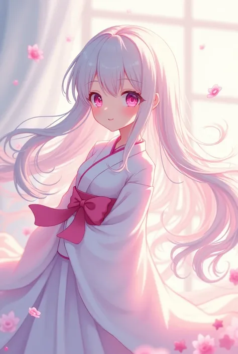 Happy female anime character, long white hair, pink eyes, White skin, long white kimono with a pink bow on the kimono