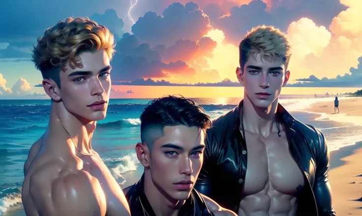 [((highly detailed, detailed eyes, detailed face, clear and realistic facial features, photorealistic, realistic light, cinematic)), ((((3 men, each man looks unique, each man has a different natural hair color and different facial features and skin color)...