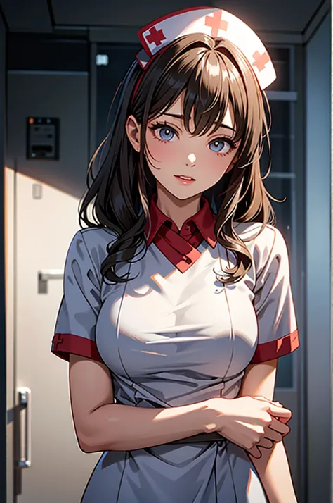 Nurse in the nurse&#39;s office,Wearing a white coat,Bra visible from underarm,Looking straight ahead,Small breasts,Anatomically correct,Japanese,Glasses,slouch,Long Hair