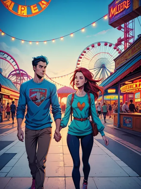 illustration, young couple of ,  hair blue, walking backwards and in front of them an amusement park, colored illustration, graphic novel style, comic style, , extremely detaild, High definition, High definitionR, 4K, work of art, high qualiy, high resolut...