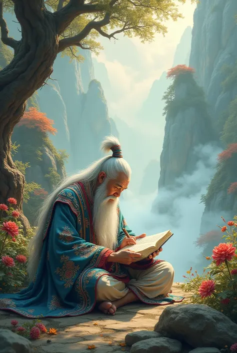 Fantasy World: An ancient Chinese scholar is writing a book.