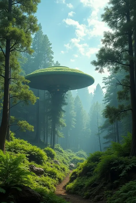 a flying saucer, disguised as a forest , Taking off