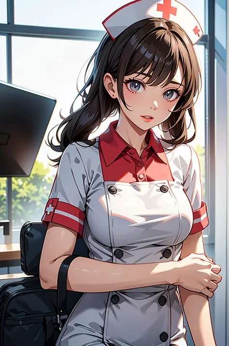 Nurse in the nurse&#39;s office,Bra visible from underarm,Looking straight ahead,Small breasts,Anatomically correct,Japanese,Glasses,Long Hair