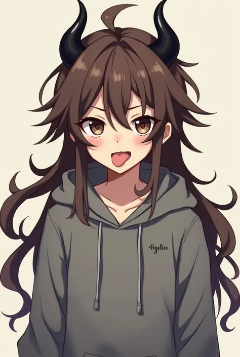 Teenage boy with brown hair that goes all the way down to his back, really dark brown eyes, black demon horns, a grey hoodie, sticking tongue out, anime style