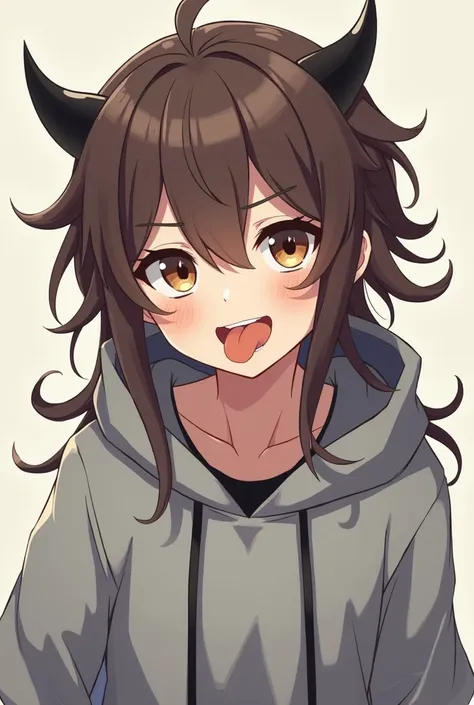 Teenage boy with brown hair that goes all the way down to his back, really dark brown eyes, black demon horns, a grey hoodie, sticking tongue out, anime style