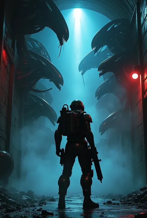 A colonial marine seen from behind in a dark tunnel, illuminated by flickering blue and red lights casting long, dramatic shadows. The marine, dressed in futuristic armor and holding a plasma rifle, is in a combat stance. The xenomorphs, terrifying creatur...