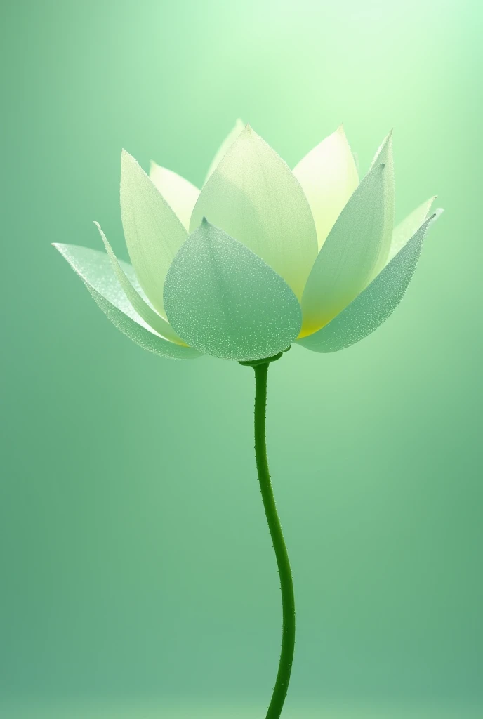 There is only one lotus leaf on the screen，The flowers are not blooming，Long stem，The lotus is made of jelly，Fresh light green，Morning dew glistens and there are many shiny droplets on the leaves.，No background