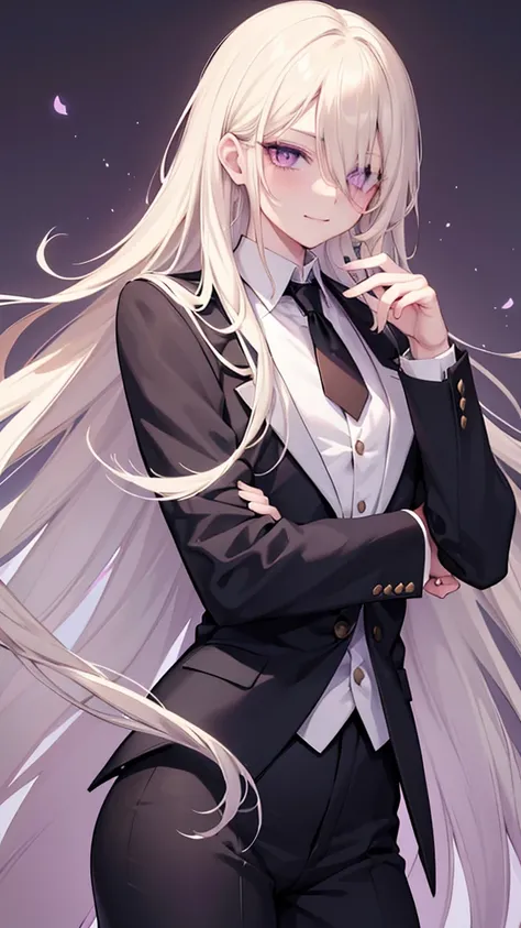 Anime style image of a man with long blonde hair wearing a black suit and white shirt, purple eye, a character portrait inspired by Yamagata Hiro, pixiv, what is?, delicate androgynous prince, guapo drow, beautiful androgynous prince, Johan Liebert mixed w...