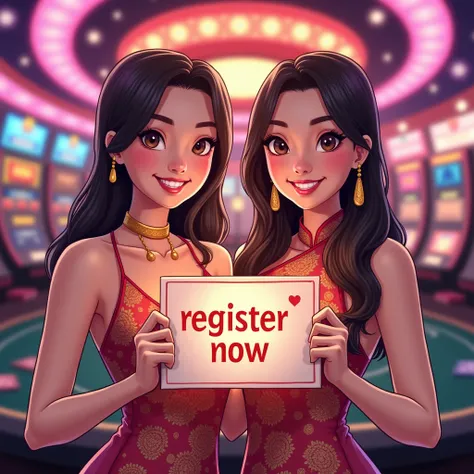 PG SLOT >> [chang123th.featuring] Direct web, upper body, two beautiful Thai women holding a sign "CHANG123 REGIST NOW" Cheerful, Happy, Casino Background, Thai Dress, Real Cartoon Pixar, Broken Chest, Standing Behind Poker Table, White Skin ,curvy, thai, ...