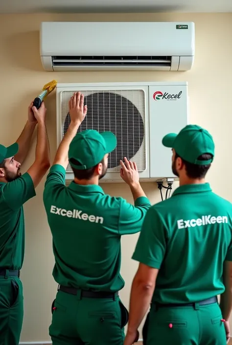 Technicians cleaning split type aircon one  indoor unit only holding cleaning materials for ac unit with "excel keen" As their green uniform