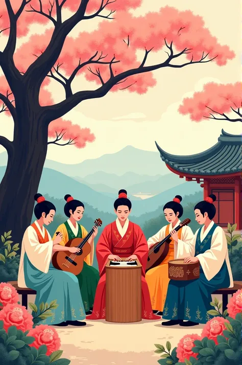 A stylized illustration of a Korean Gugak ensemble performing a traditional piece. The musicians are wearing vibrant hanboks and playing a saenghwang, geomungo, janggu, and buk. The background features a blooming cherry tree and a traditional Korean pavili...