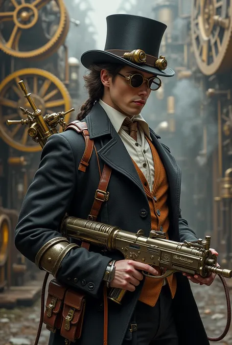 A character decked out in Victorian-style steampunk gear, with goggles, leather straps, and steam-powered gadgets.The character could have a mechanical arm or other cybernetic enhancements and carry a unique steampunk weapon like a steam-powered rifle.The ...