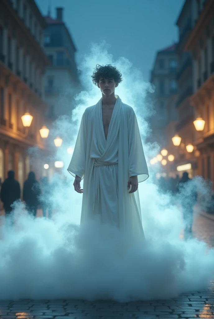 Young spiritual spectral man dressed in white emerging from a cloud in the middle of a square at night

