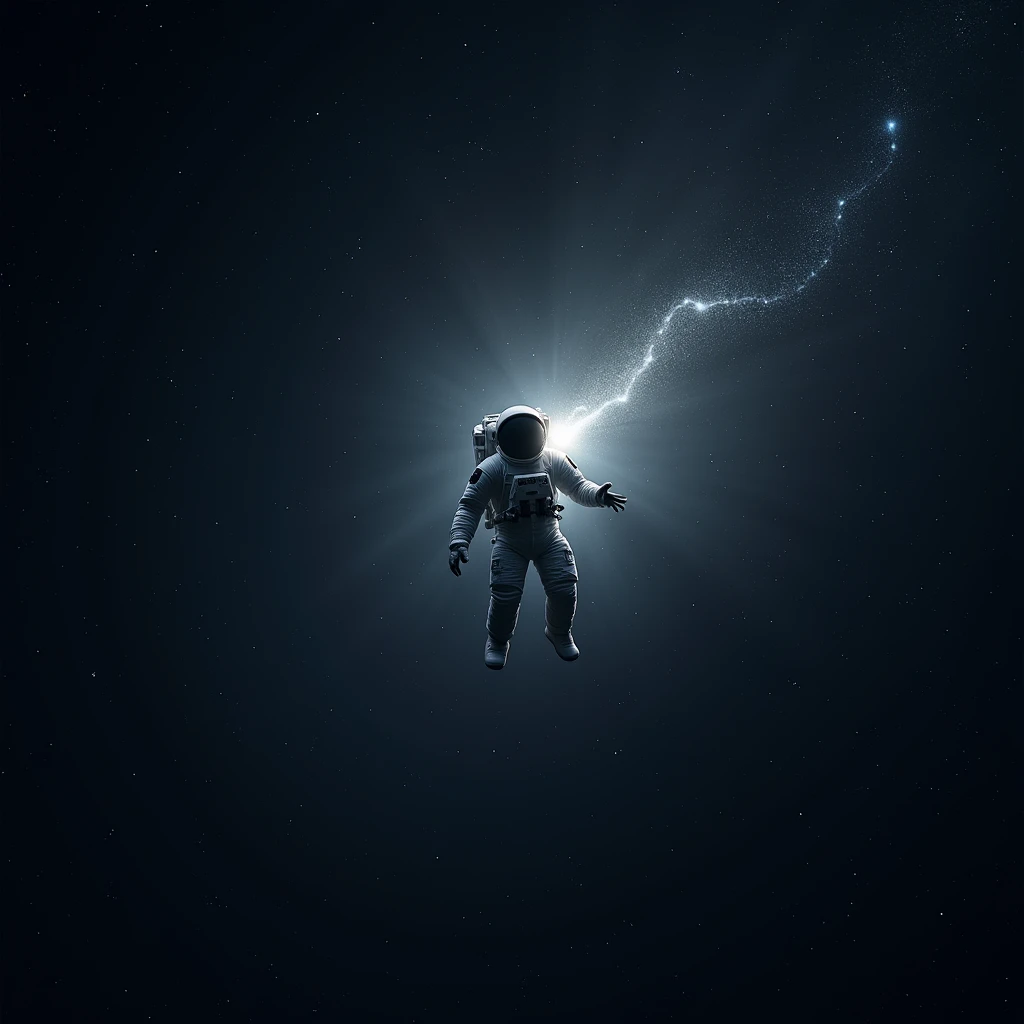 Astronaut in space. , shines , Many stars , constellations , galaxies , a flash of light comes out of his suit 