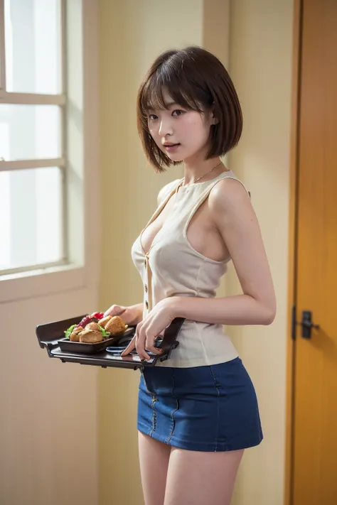 (Very detailed CG Unity 8k 壁紙),(masterpiece), (Highest quality), (Very detailed), (Best illustrations),(Best Shadow), (She is carrying a breasts on a tray:1.5)、White blouse,Blue tie,Checked mini skirt,beige cardigan,Dynamic Angle、(topless:1.2)、(Small breas...