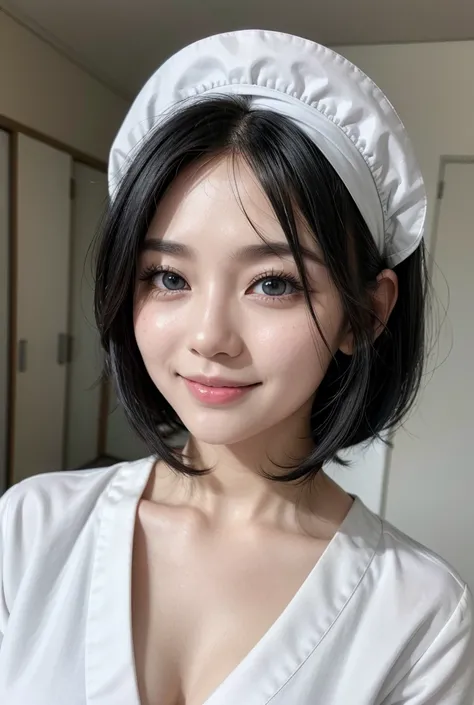 Multiple Perspectives　Black bob hair　nurse　Extremely beautiful　smile　Examination room　Angel in white, black eyes　Japanese