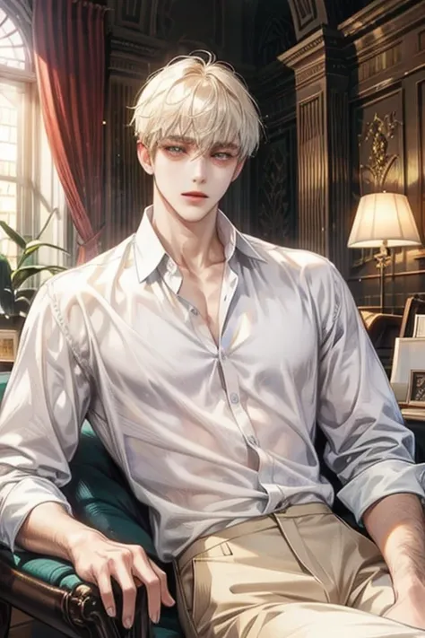 male, delicate, white shirt clothing, library