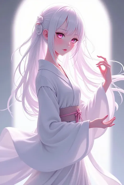 Adult female anime character, long white hair, pink eyes, White skin, long white kimono with a bow