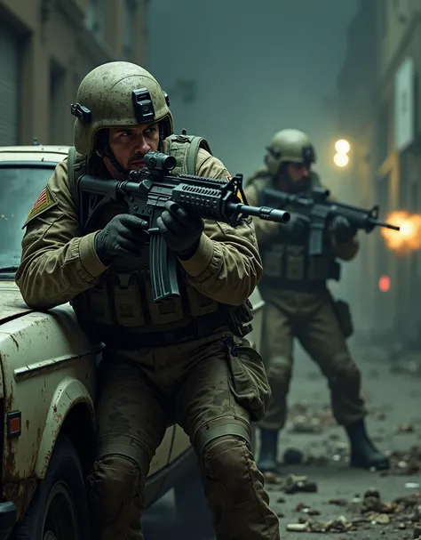 Two US Army soldiers under fire, using assault rifles, hiding behind a bullet-hole-ridden car, sedan, Los Angeles, abandoned street, perspective, nighttime, danger atmosphere, intense, cinematic