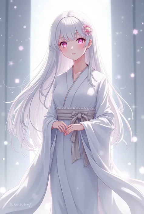 Adult female anime character, long white hair, pink eyes, White skin, long white kimono with a bow