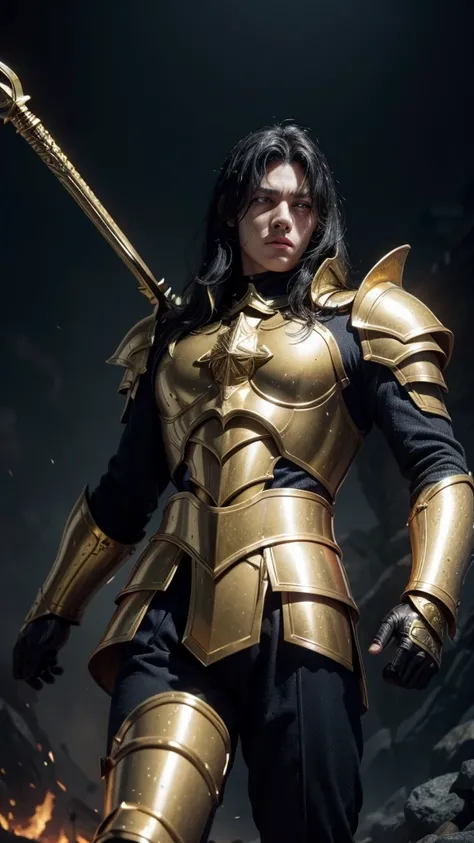 Knight of the zodiac of the sign of Aquarius with golden armor fighting in the underworld against the god Ades with black armorBlack hair, Red eyes, 