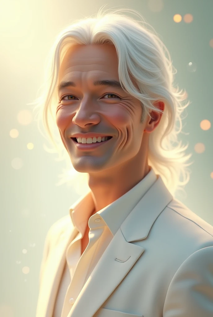 (best quality,4k,8k,highres,masterpiece:1.2),ultra-detailed,(realistic,photorealistic,photo-realistic:1.37), A man,white suit,white long hair,kind soft smile,soft ethereal lighting,vivid colors,subtle pastel palette,portrait style,serene atmosphere