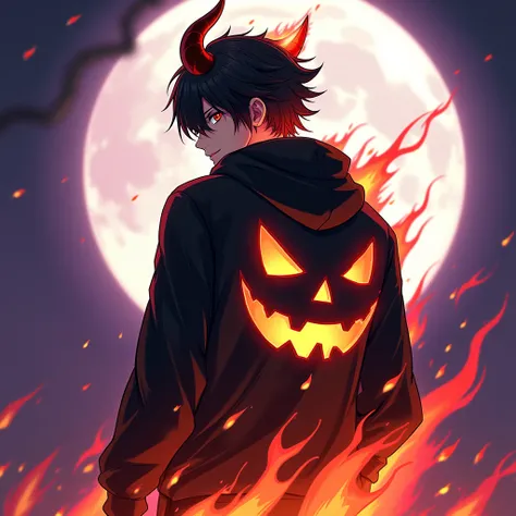 High resolution, Highest quality, masterpiece, Attention to detail, Black Hair, Portraiture, Horns of the beast,The body is burning,male,Anime Style,Jack O&#39;Lantern Black Hoodie&#39;-Lantern design,The purple full moon is shining,