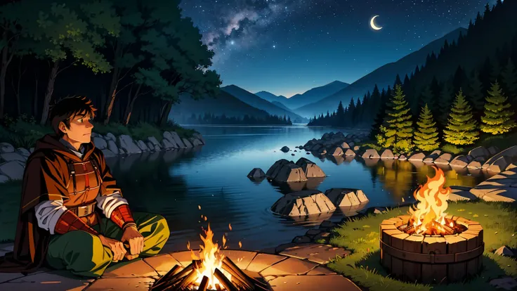 A serene riverside setting at night, where a male adventurer is camping by a warm, glowing campfire. The adventurer is a rugged man with short brown hair, wearing leather armor and a dark green cloak. He sits on a log near the fire, his face illuminated by...