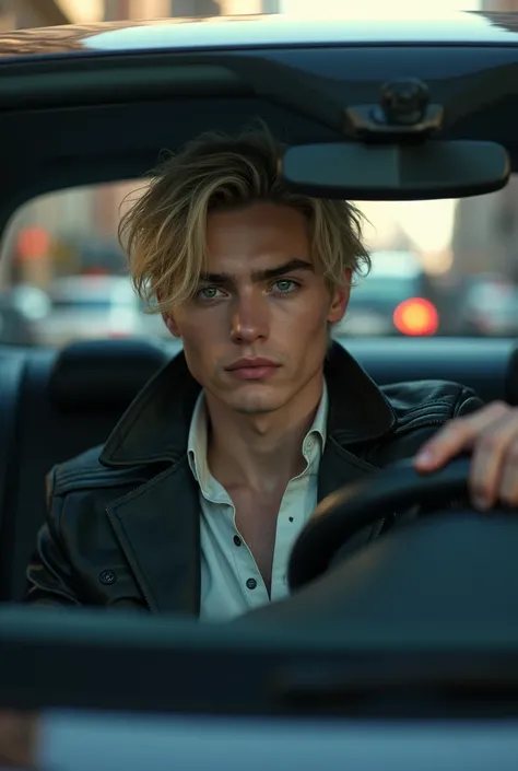 A young man. His face is white skin, blonde hair is messy, eyes with heterochromia. Driving his black Audi through the streets of New York. There is only one person in the car and it is him. Dressed in an elegant jacket 