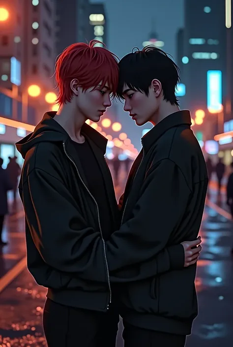 Jimin and Jungkook are constant to each other. With the background of a city at night and a closed document in the background between them but not taking up the entire screen. Jungkook red hair and all black clothes and jimin black hair and casual clothes