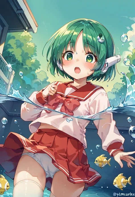 score_9, score_8_up, score_7_up, source_アニメ, masterpiece, rating_safe, multi (to heart), 1girl, 独奏, green hair, robot ears, serafuku, (red skirt), (upskirt:1.4), thighhighs, (red sailor collar), long sleeves, (red bowtie), cute、(White underwear)、blush, Vie...