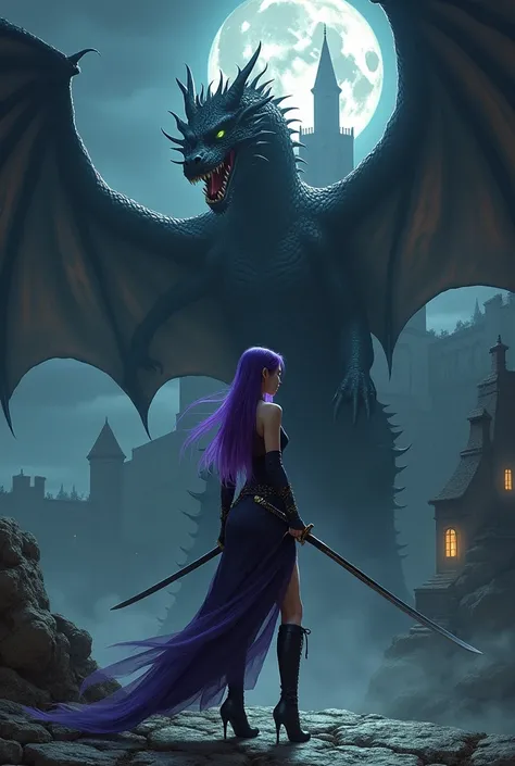 An elegant and refined woman with green Asian eyes, perky breasts, thin waist and wide hips, purple hair. fully body, high heel boots. holding a katana sword. realisitic. In the background a medieval castle. Fighting a black and gray colored dragon, very a...