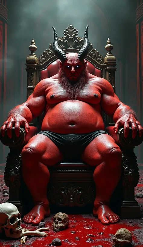 satan standing ,royal hall, pool of blood, red skin, chubby, hairy, hairy belly, Holding your big belly, high resolution, ultra-detailed, sharp focus, detailed eyes, symmetrical eyes, expressive eyes, clear pupils, focused gaze , kings expression is intimi...