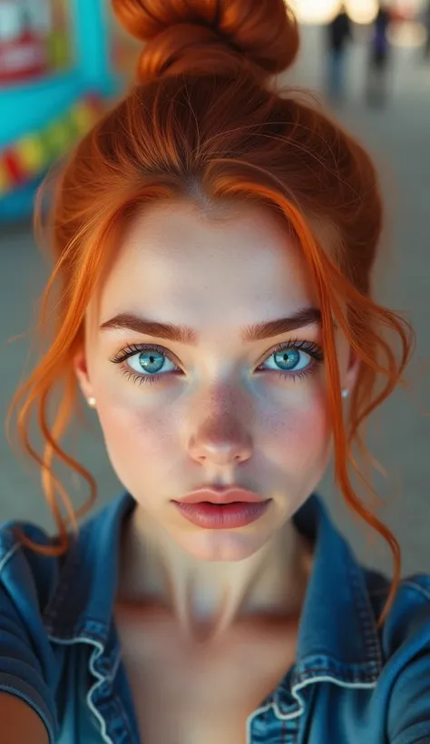 raw photo in UHD RAW format, (taking selfies, aerial view: 0,9), (straight half of the torso: 1,0). A 20 year old girl with a bun, in an amusement park, natural red hair and blue eyes, [ hyper-realistic texture ], [ hyper-realistic skin texture ], good lig...