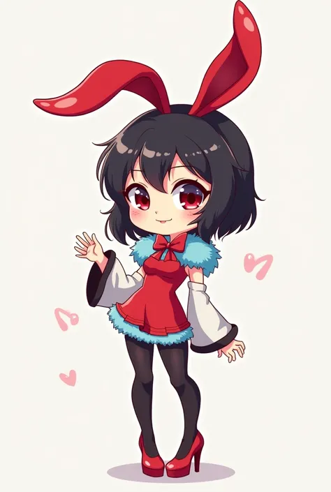 anime chibi girl, with red strapless bodysuit, red bunny ears, black stockings, Red high heels, long blue fur, white clothing collar with red bow.