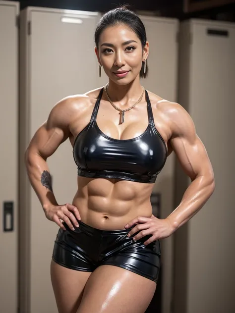 A japanese Lady,masutepiece, High quality, UHD 32K,Live-action adaptation,Muscular realistic angry face,gigantic breasts,Female professional wrestler,Realistic skin feeling,30 years old,solo,heavy muscular,shiny tight latex patterned open croptop,tight lat...