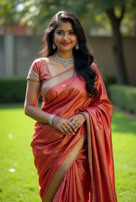 Perfect  Indian sexy wife with satin saree, HDR, 8k, hyper detailed, best quality, ultra-high resolution, HDR, 8k, walking on the lawn , look at viewer, waist level view, bright smile, wearing platinum ornaments, casual pose ,  average body with 36 D size ...