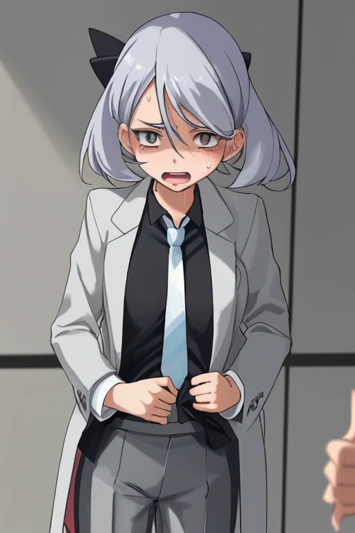 A young female Pokémon trainer with a Silver striped tie is sweating from training.undressing coat