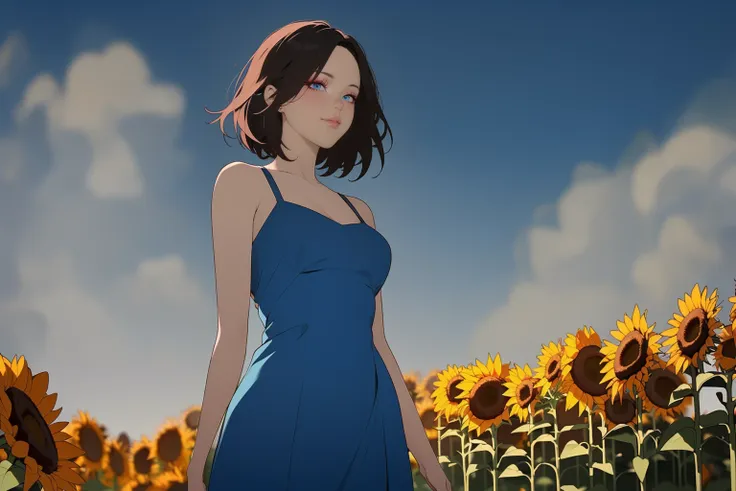 an exceptional pretty female, upper body, blue dress, standing in a field of sunflowers, (outstanding composition, masterpiece:1...