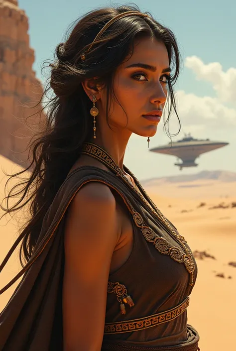 A portrait of a sexy Barbara, Dune, showcasing her unique cultural attire. (SiFi Dune) creating high quality image. Dunes and harkonnen space ship in the background