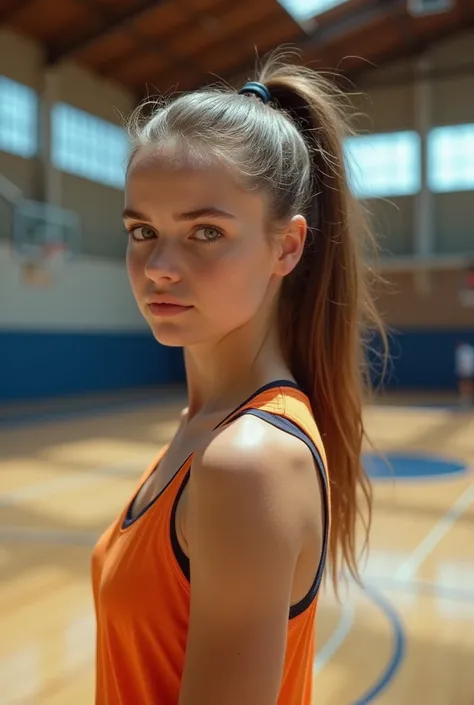 An  all american white girl on an indoor  basketball court. Medium shot. Brown hair. Ponytail.  Frowning.  Looking at viewer. Big breasts. 