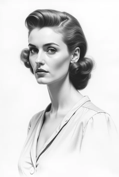 A black and white pencil drawing of a 1950s woman on a white sheet of paper