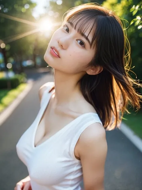 (highest quality,masterpiece:1.3,ultra high resolution),(Super detailed,caustics,8k),(photorealistic:1.4,RAW shooting),1girl,(look down at the camera),(front shot:1.1),(face forward),1,cute,Japanese,sleeveless dress,(small breasts),(big boobs),(close up),(...