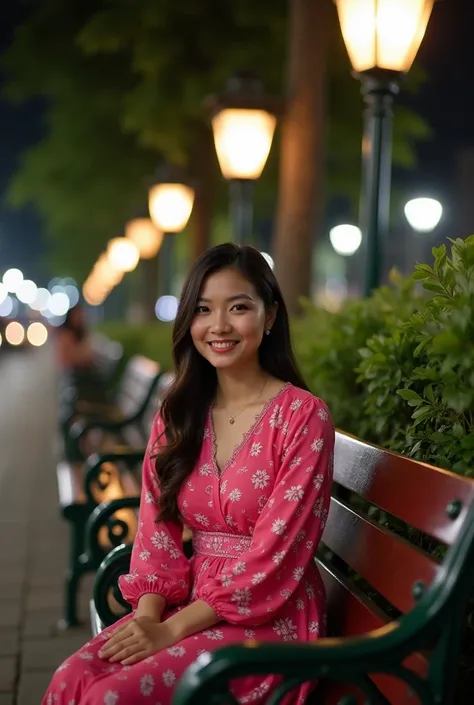 Photography profesional , a native Indonesian woman , wearing a pink floral dress , sitting on a park bench ,decorated with street lights at night, while smiling ,urban background in Yogyakarta Malioboro